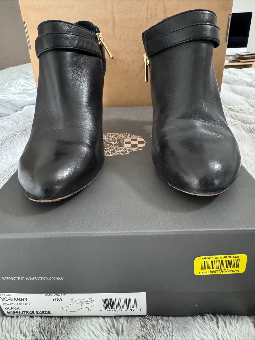 Vince Camuto Black Leather Ankle Booties with Gold Zipper